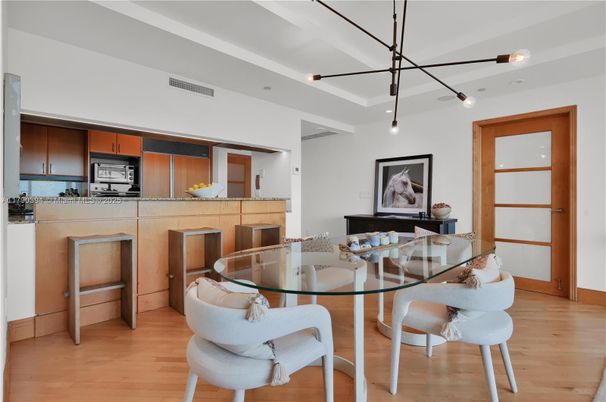 Dining room, Interior, Kitchen, Pendant Lights, Wood Texture Flooring