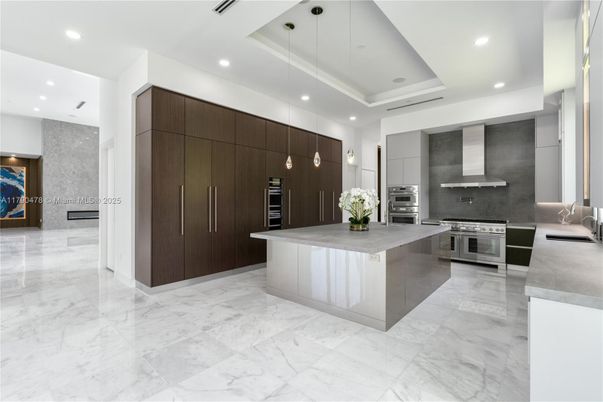Interior, Kitchen, Marble, Pendant Lights, Recessed Lighting, Stainless Steel Appliances