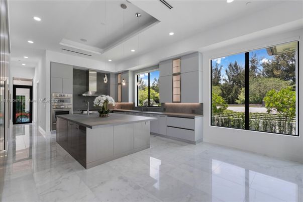 Interior, Kitchen, Marble, Pendant Lights, Recessed Lighting, Stainless Steel Appliances
