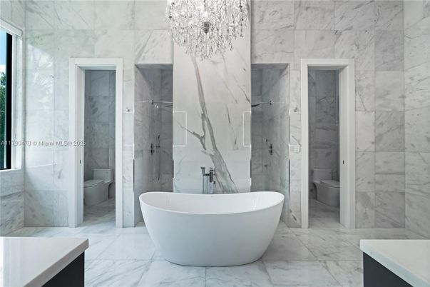 Bathroom, Chandelier, Free Standing Baths, Interior, Marble, Marble Walls
