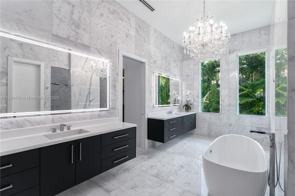 Bathroom, Chandelier, Dual Sink Vanities, Free Standing Baths, Interior, Marble, Marble Walls