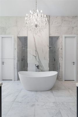 Bathroom, Chandelier, Free Standing Baths, Interior, Marble, Marble Walls