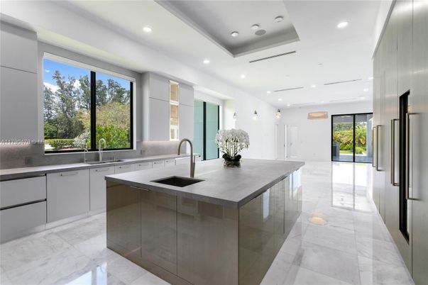 Interior, Kitchen, Marble, Pendant Lights, Recessed Lighting, Stainless Steel Appliances