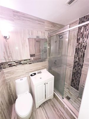Bathroom, Glass Shower, Interior, Wood Texture Flooring