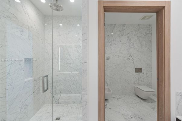 Bathroom, Glass Shower, Interior, Marble, Marble Walls, Recessed Lighting