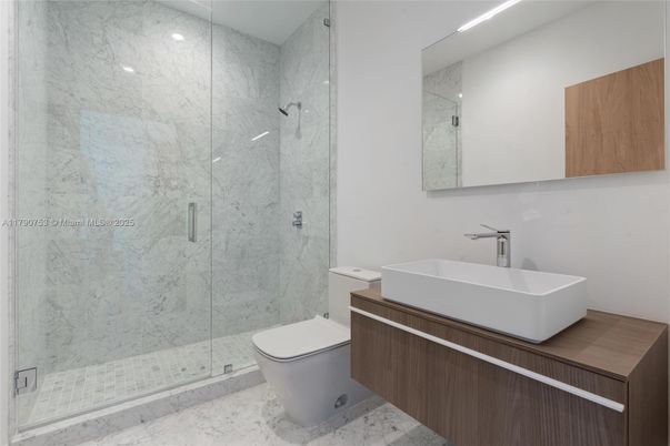 Bathroom, Glass Shower, Interior, Marble, Marble Walls, Recessed Lighting