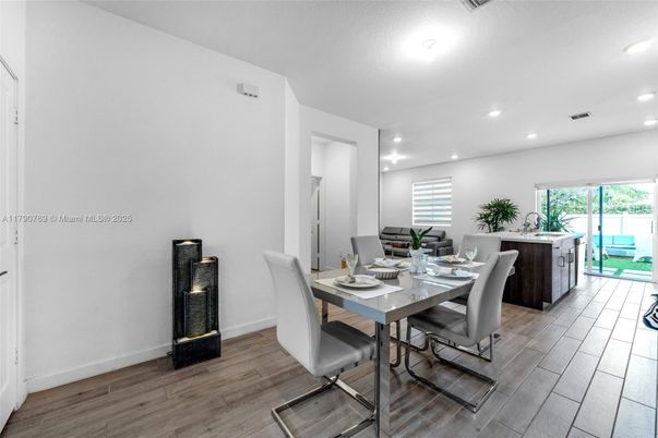 Dining room, Interior, Recessed Lighting, Wood Texture Flooring