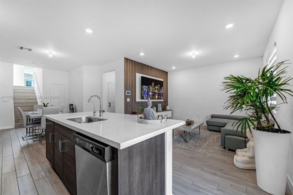 Dining room, Interior, Kitchen, Living room, Recessed Lighting, Wood Texture Flooring
