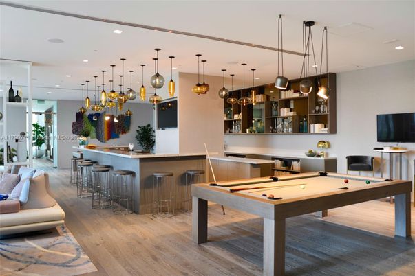 Billiard Table, Game Room, Interior, Pendant Lights, Recessed Lighting, Wood Texture Flooring