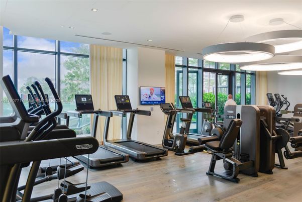 Fitness Equipment, Gym, Interior, Pendant Lights, Recessed Lighting, Wood Texture Flooring