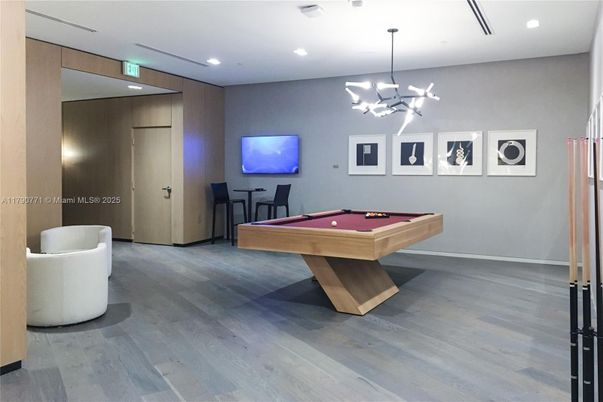 Billiard Table, Game Room, Interior, Pendant Lights, Recessed Lighting, Wood Texture Flooring