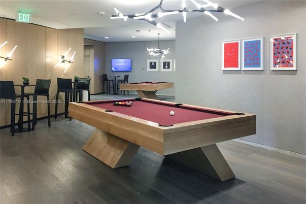Billiard Table, Game Room, Interior, Pendant Lights, Recessed Lighting, Wood Texture Flooring