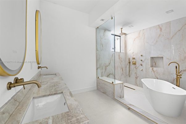 Bathroom, Dual Sink Vanities, Free Standing Baths, Interior, Marble Walls