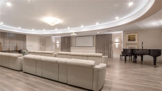 Interior, Living room, Piano, Projection Screen, Recessed Lighting, Theatre Room, Wood Texture Flooring