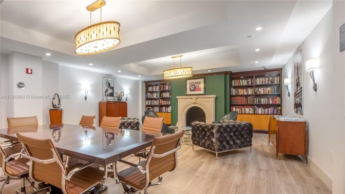 Dining room, Fireplace, Interior, Living room, Pendant Lights, Recessed Lighting, Wood Texture Flooring