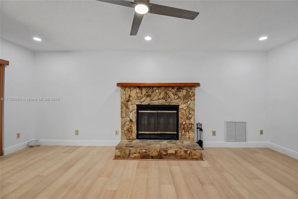 Empty room, Fireplace, Interior, Recessed Lighting, Wood Texture Flooring
