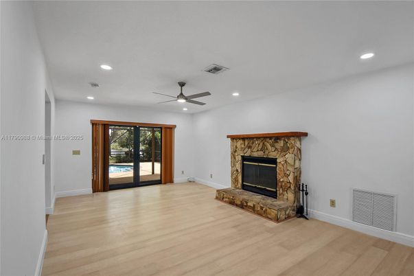 Empty room, Fireplace, Interior, Recessed Lighting, Wood Texture Flooring