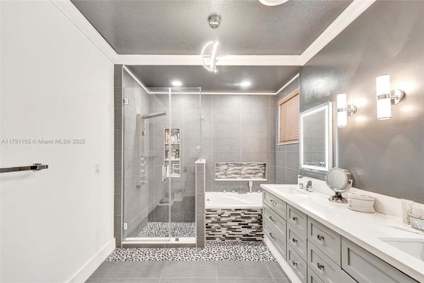 Bathroom, Dual Sink Vanities, Glass Shower, Interior, Recessed Lighting