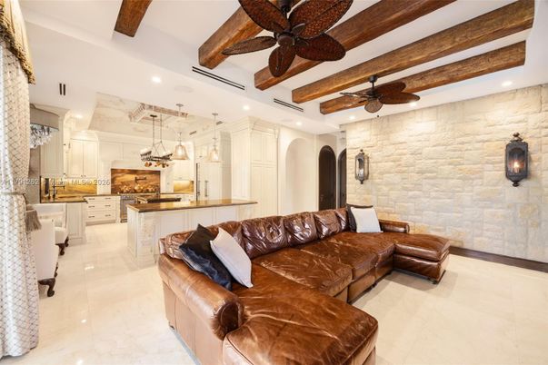 Interior, Kitchen, Living room, Pendant Lights, Recessed Lighting, Stone Walls, Wooden Beams