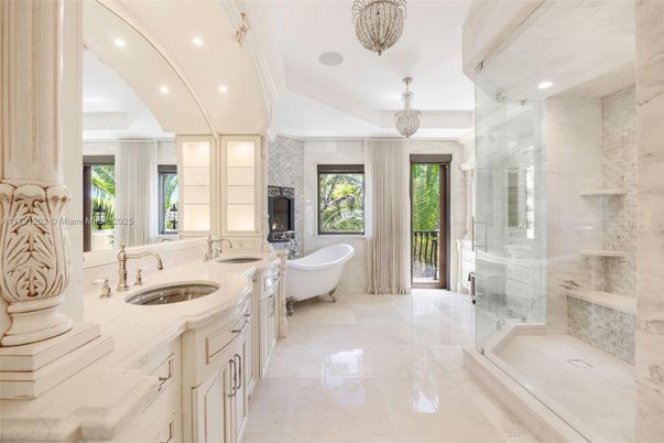Bathroom, Dual Sink Vanities, Free Standing Baths, Glass Shower, Interior, Marble Walls, Recessed Lighting
