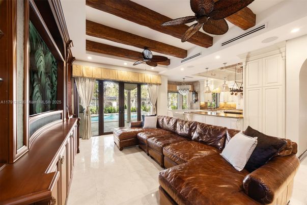 Interior, Kitchen, Living room, Marble, Pendant Lights, Recessed Lighting, Wooden Beams