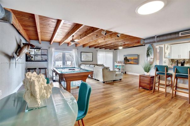 Billiard Table, Dining room, Game Room, Interior, Living room, Wooden Beams, Wooden Ceilings, Wood Texture Flooring