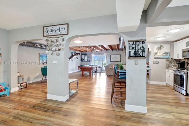 Billiard Table, Game Room, Interior, Kitchen, Recessed Lighting, Stainless Steel Appliances, Wooden Beams, Wooden Ceilings, Wood Texture Flooring