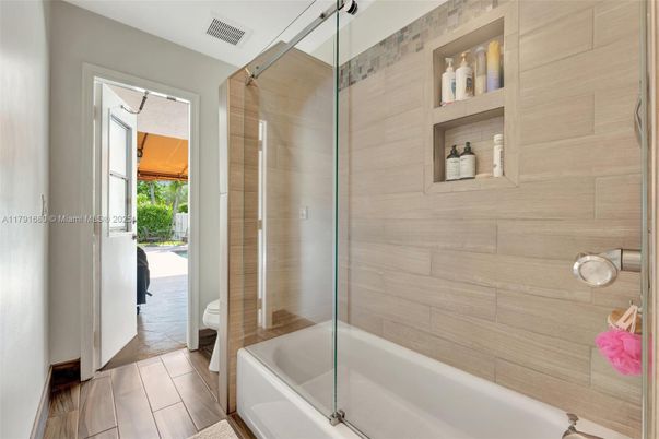 Bathroom, Glass Shower, Interior, Wood Texture Flooring