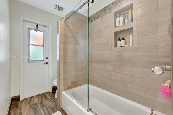 Bathroom, Glass Shower, Interior, Wood Texture Flooring