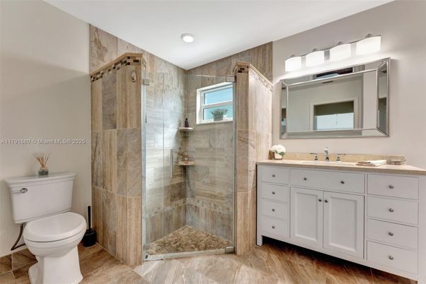 Bathroom, Glass Shower, Interior, Recessed Lighting, Wood Texture Flooring