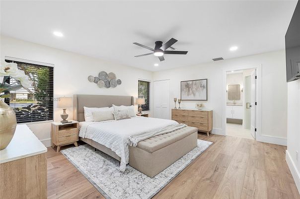 Bedroom, Interior, Recessed Lighting, Wood Texture Flooring