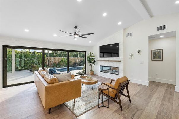 Fireplace, Interior, Living room, Recessed Lighting, Wood Texture Flooring