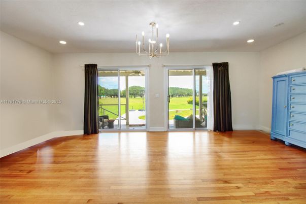 Chandelier, Empty room, Interior, Recessed Lighting, Wood Texture Flooring