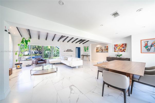 Dining room, Interior, Living room, Marble, Recessed Lighting, Wooden Beams