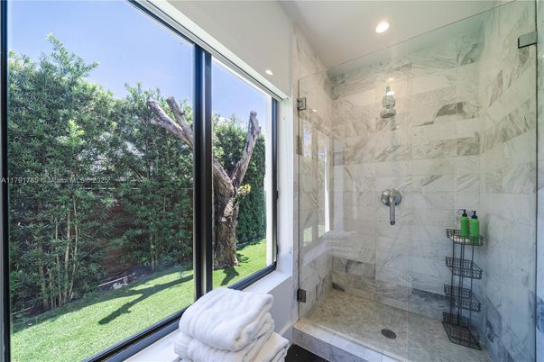 Bathroom, Glass Shower, Interior, Marble Walls, Recessed Lighting