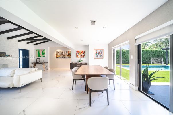 Dining room, Interior, Marble, Recessed Lighting, Wooden Beams