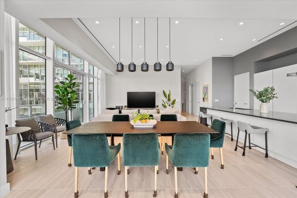 Dining room, Interior, Pendant Lights, Recessed Lighting, Wood Texture Flooring