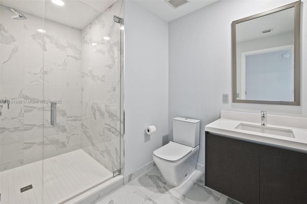 Bathroom, Glass Shower, Interior, Marble, Marble Walls, Recessed Lighting