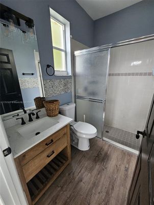 Bathroom, Glass Shower, Interior, Wood Texture Flooring