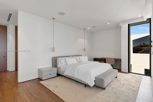 Bedroom, Interior, Pendant Lights, Recessed Lighting, Wood Texture Flooring