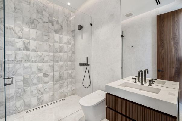 Bathroom, Glass Shower, Interior, Marble Walls, Recessed Lighting