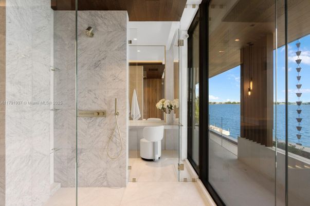 Bathroom, Glass Shower, Interior, Marble Walls, Recessed Lighting, Water