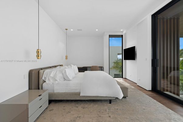 Bedroom, Interior, Pendant Lights, Recessed Lighting, Wood Texture Flooring