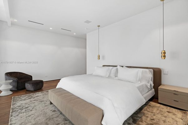 Bedroom, Interior, Pendant Lights, Recessed Lighting, Wood Texture Flooring