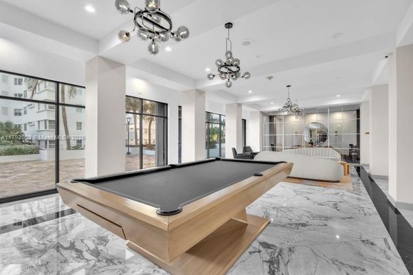 Billiard Table, Chandelier, Game Room, Interior, Marble, Pendant Lights, Recessed Lighting