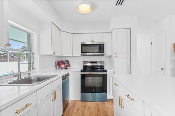 Interior, Kitchen, Stainless Steel Appliances, Wood Texture Flooring