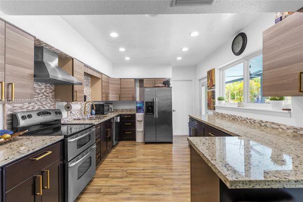 Interior, Kitchen, Recessed Lighting, Stainless Steel Appliances, Wood Texture Flooring