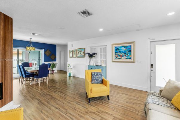 Dining room, Interior, Pendant Lights, Recessed Lighting, Wood Texture Flooring