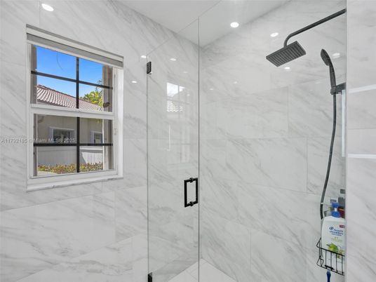 Bathroom, Glass Shower, Interior, Marble Walls, Recessed Lighting