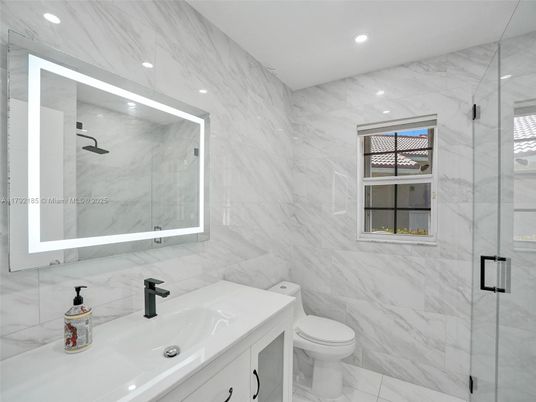 Bathroom, Glass Shower, Interior, Marble, Marble Walls, Recessed Lighting